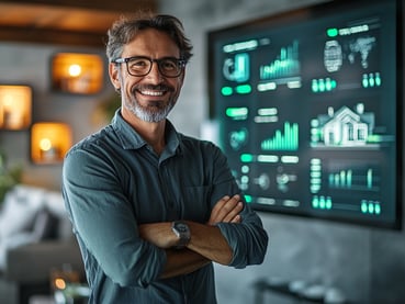 Man in his 40s at a kitchen table, smiling confidently as he uploads his home listing to Sell2Rent, with daylight streaming through a window.