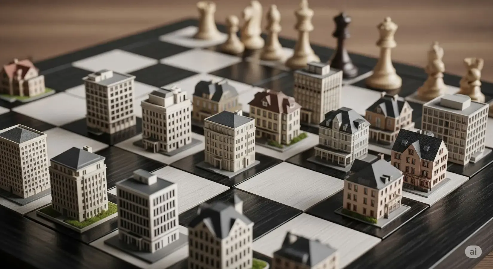 A chessboard with miniature buildings and houses instead of traditional chess pieces, symbolizing the strategic decisions and real estate transactions involved in a sell-and-leaseback.