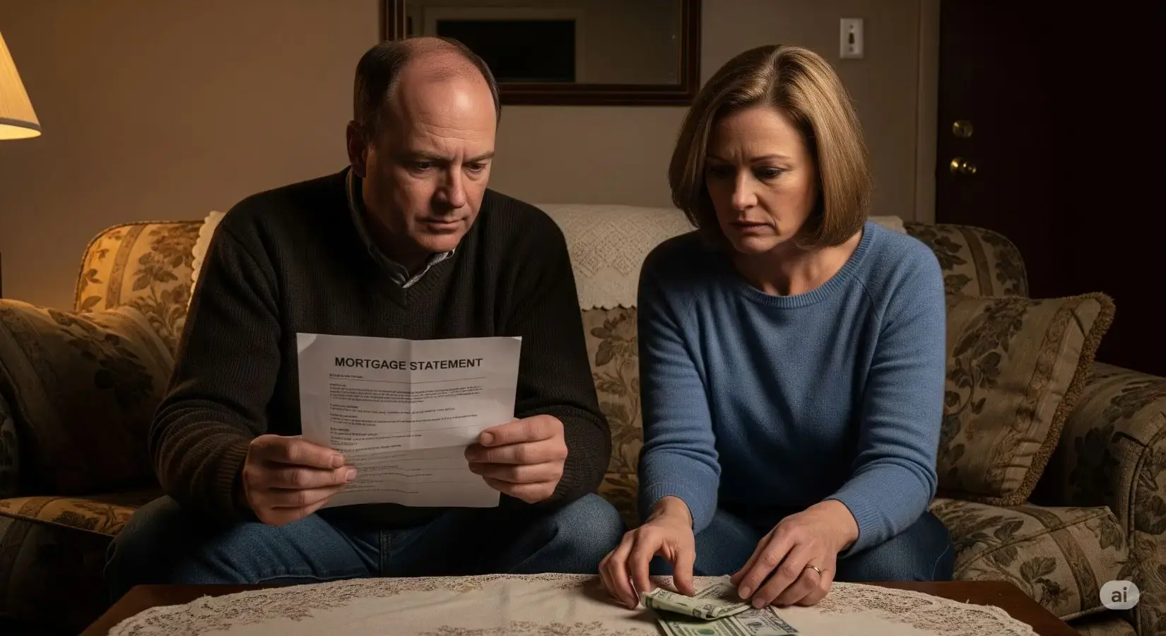 A concerned middle-aged couple sits on a couch, with the man holding a mortgage statement and the woman looking at a small pile of money. The image illustrates the financial stress and mortgage difficulties that a sale-leaseback can help resolve.