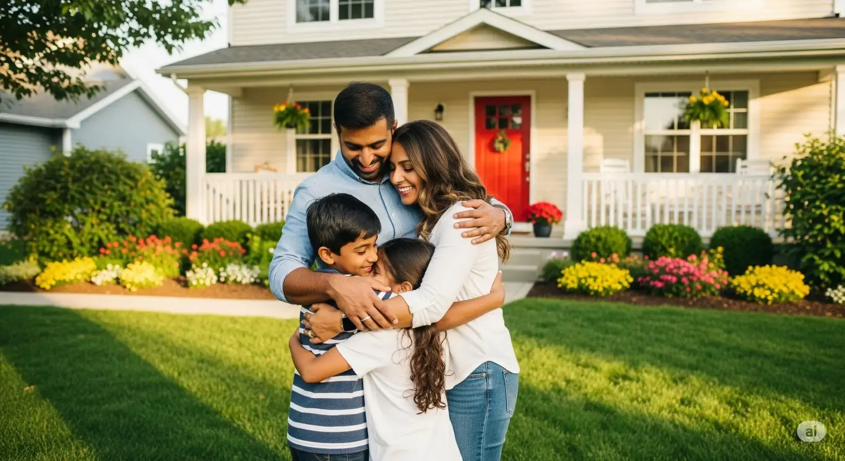 A happy family of four, including a mother, father, and two children, hugging and smiling in the front yard of their house. The image evokes feelings of family, home, and the security of homeownership, which a sale-leaseback can help preserve.