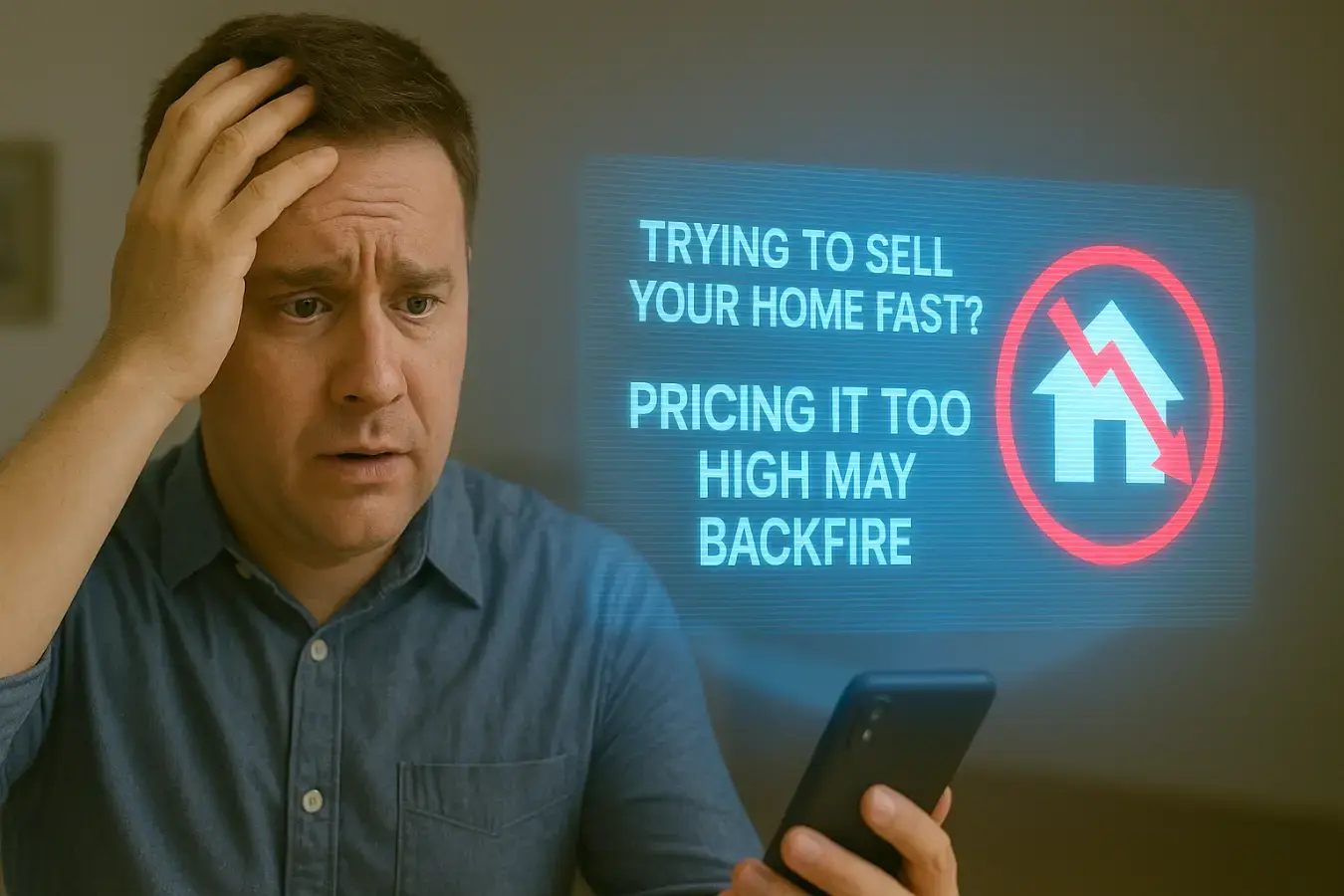 A stressed and frustrated man holds his head while looking at his smartphone, which projects a holographic warning about the dangers of overpricing a home for a fast sale. The image represents the challenges and anxieties of a traditional real estate sale, which a sale-leaseback can help solve.