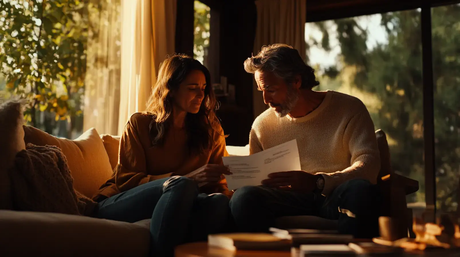 A mature couple sits together on a couch in their living room, intently reviewing a document. The image represents homeowners carefully and collaboratively considering a significant financial decision for their property, such as a sale-leaseback agreement.