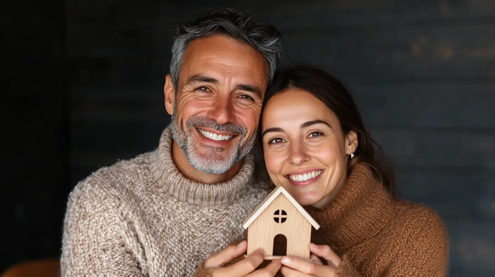 A happy middle-aged man and woman, both smiling and wearing sweaters, hold a small wooden house model together. The image represents the warmth, security, and happiness of a home and the peace of mind that a sale-leaseback can provide.