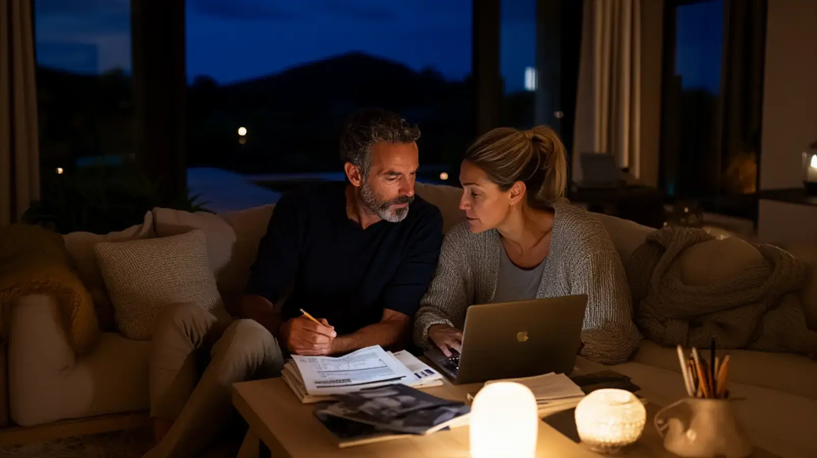 A worried middle-aged couple sits on a couch late at night, seriously reviewing documents and a laptop. The image represents homeowners facing financial stress and making difficult decisions, highlighting the problems that a sale-leaseback can help solve.