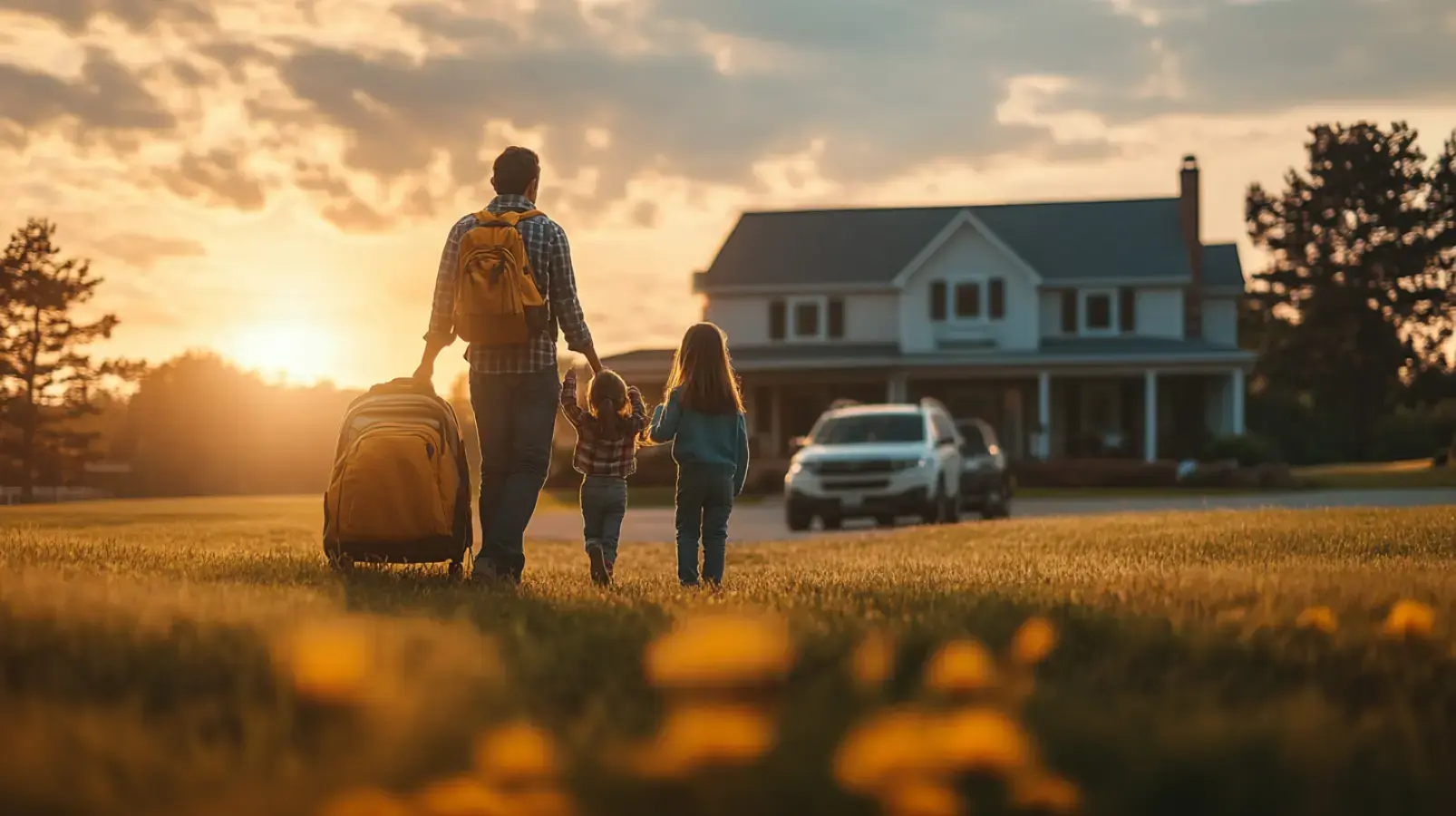 A father and his two young children walk across a grassy lawn with luggage toward their house and a car at sunset. The image represents a family gaining the financial freedom to travel and create new experiences through a sale-leaseback, all while staying in their home.