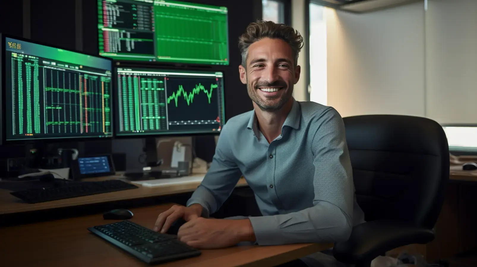 A happy and confident investor smiles at the camera while sitting at his desk, which is surrounded by multiple computer monitors displaying financial charts and data. The image represents the successful, data-driven expertise behind real estate investment and the Sell2rent model.