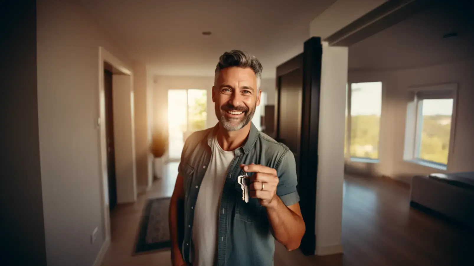 A happy man in his 40s or 50s stands in the hallway of a modern home, smiling while holding up a set of keys. The image represents the feeling of security and happiness that comes from having the keys to your home, a benefit that a sale-leaseback helps to preserve.
