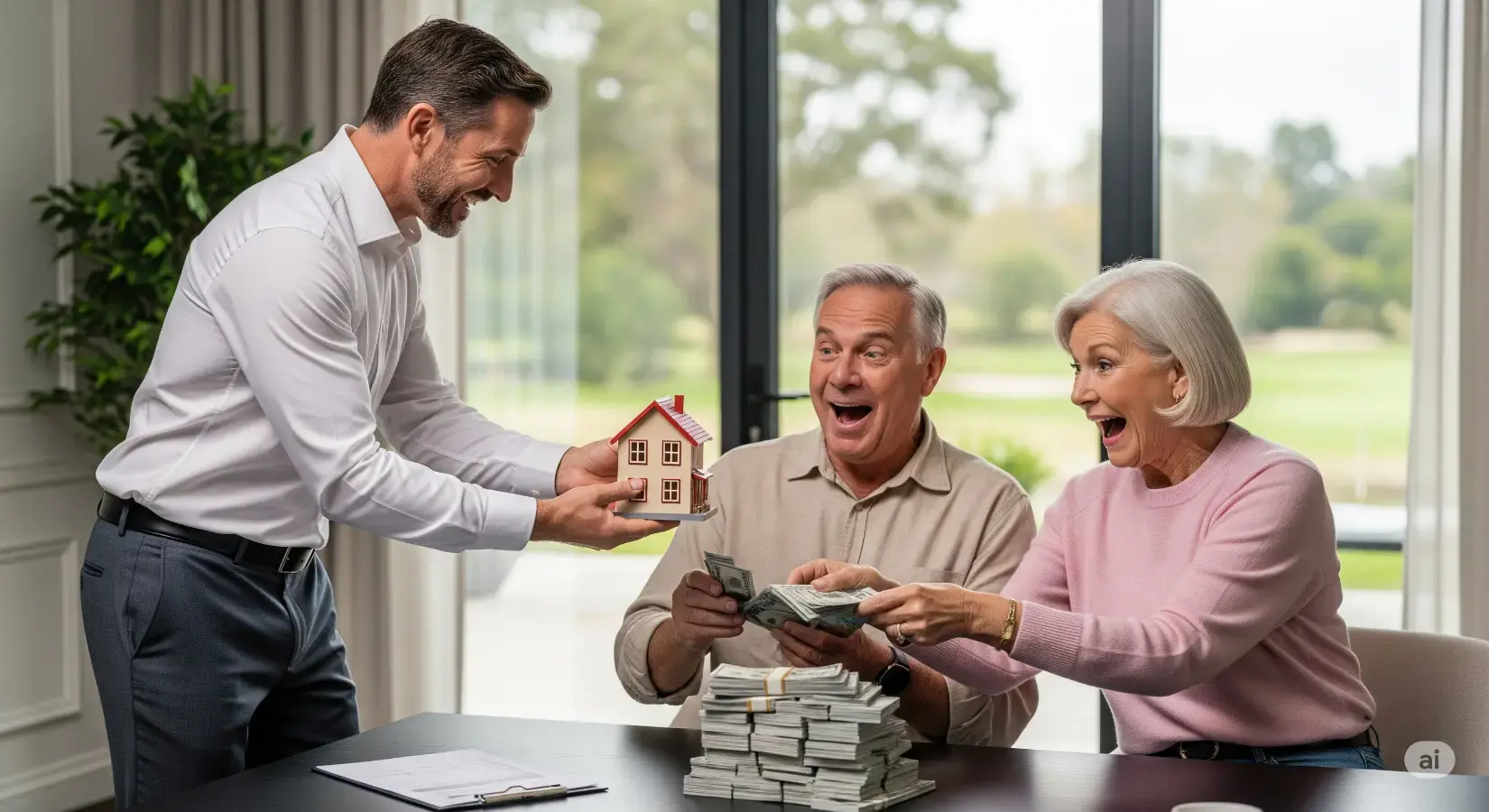 A smiling real estate professional presents a miniature house model to an excited senior couple who are happily counting stacks of cash. The image visually represents the financial benefits and sense of relief homeowners can experience through a sale-leaseback.
