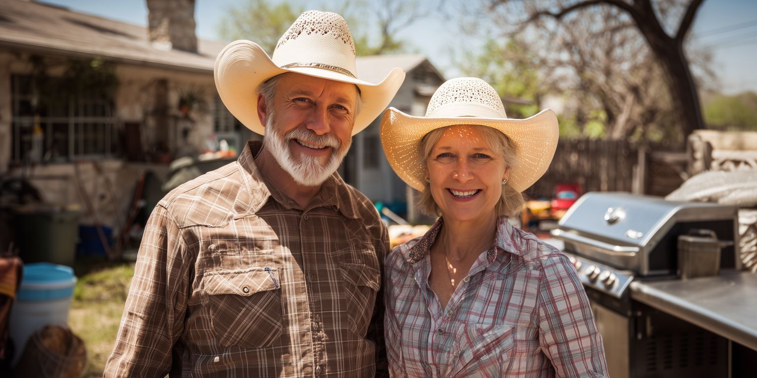 A smiling middle-aged couple in cowboy hats and plaid shirts, standing outdoors in their home's yard.