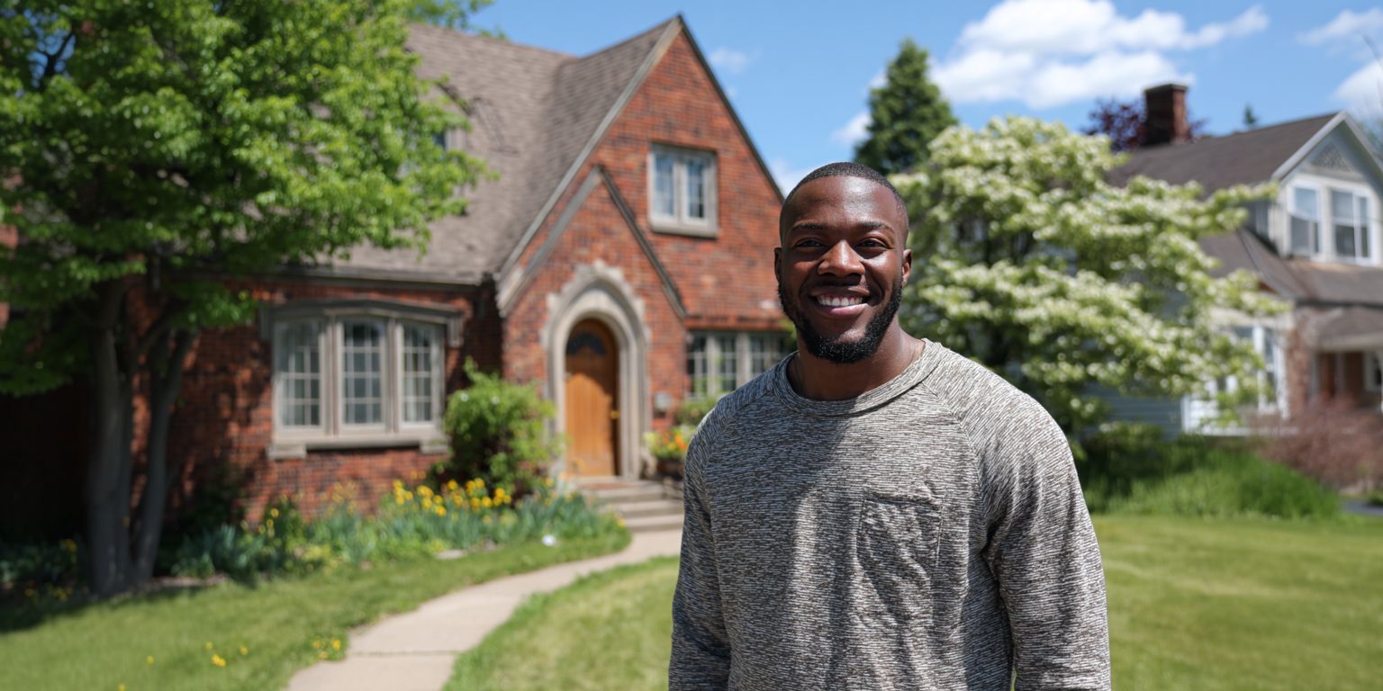 A smiling Black man standing in front of his traditional brick house on a sunny day, representing a happy and secure homeowner.