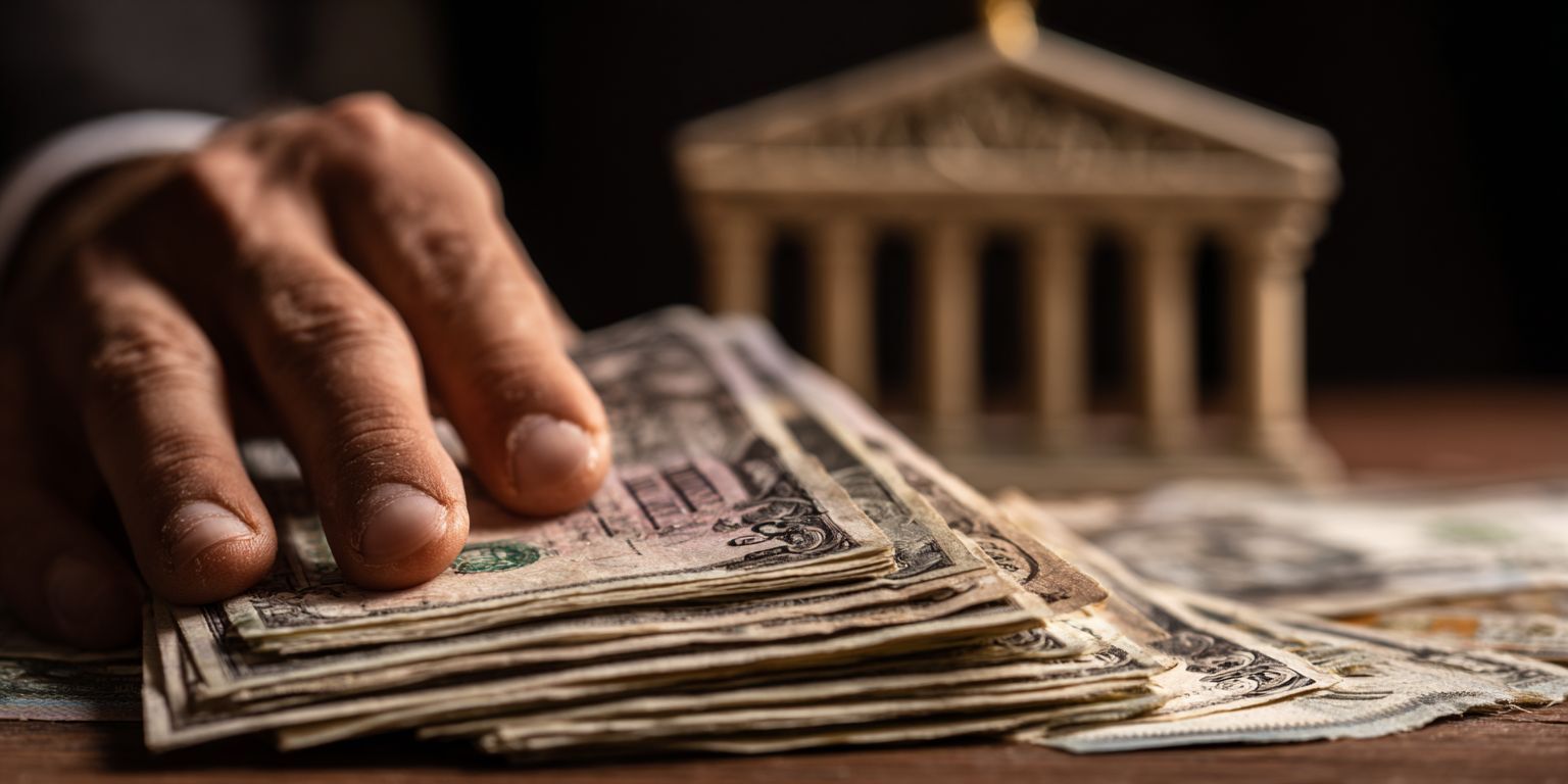 A hand reaching for a stack of cash on a table, with a model of a bank or government building blurred in the background.