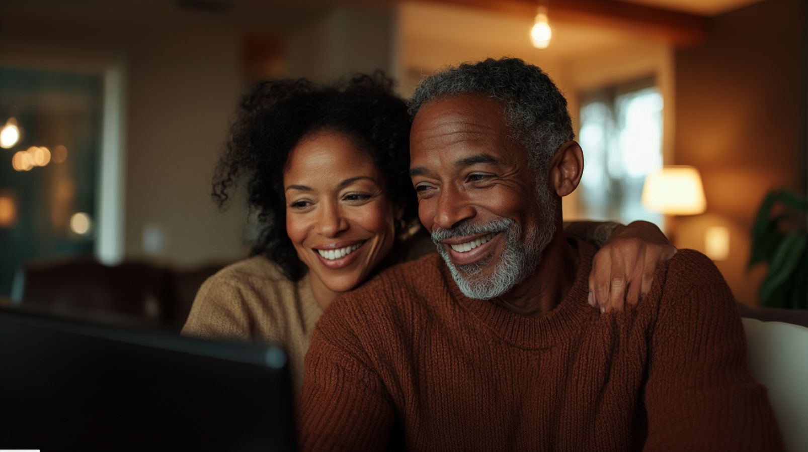 A happy middle-aged couple, with the man's arm around the woman, smiles while looking at a laptop together. The image represents homeowners collaboratively and happily exploring their financial options and solutions, such as a sale-leaseback.