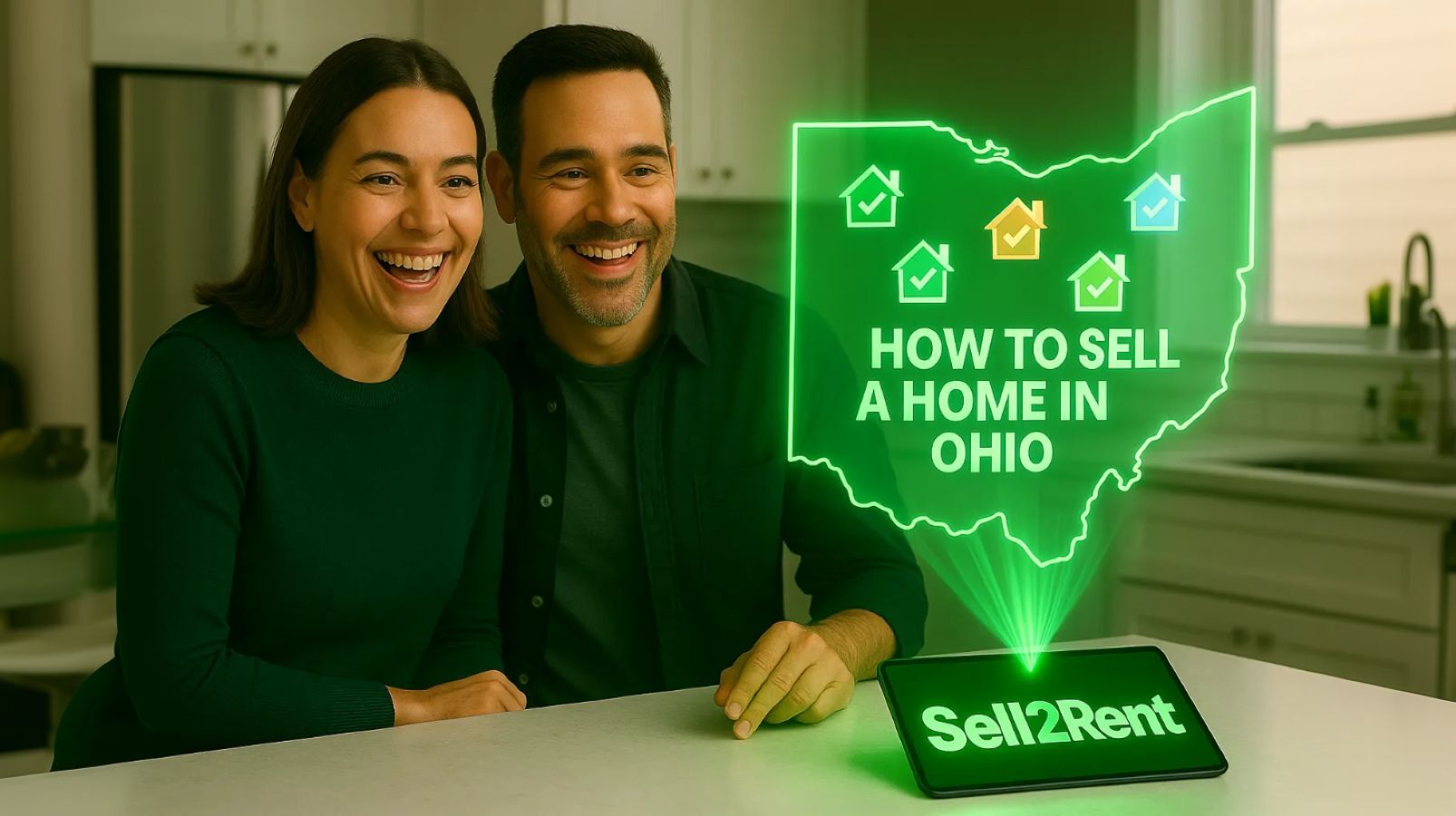 A happy couple smiles as they look at a holographic projection emerging from a tablet with the 