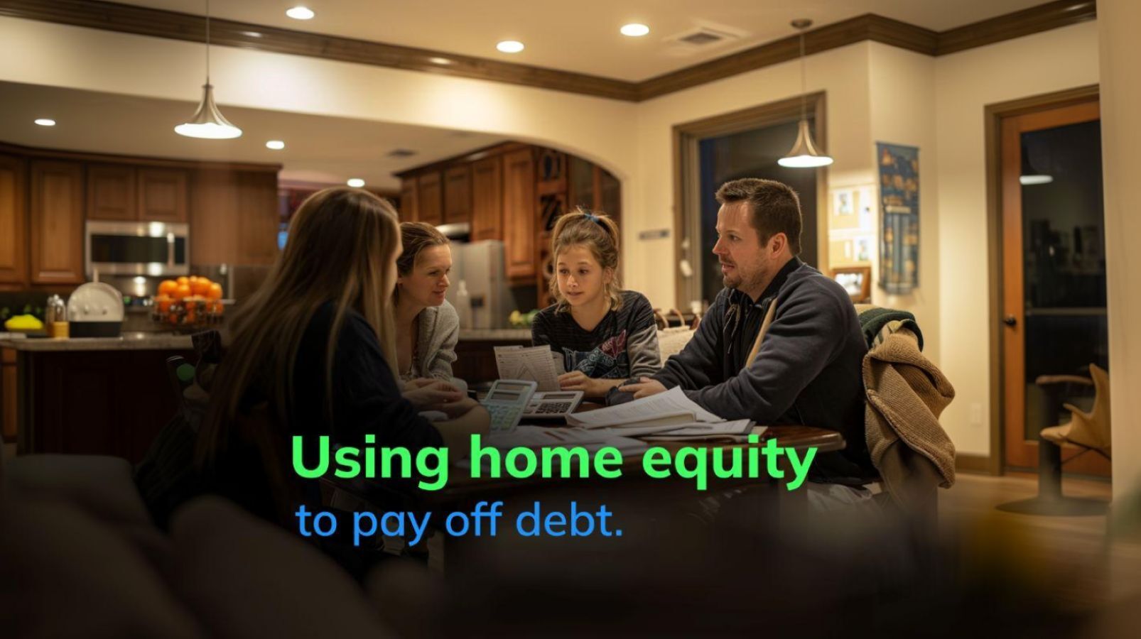 A family of four sits around a dining table at night, seriously looking at documents and a calculator. The image has a text overlay that reads 
