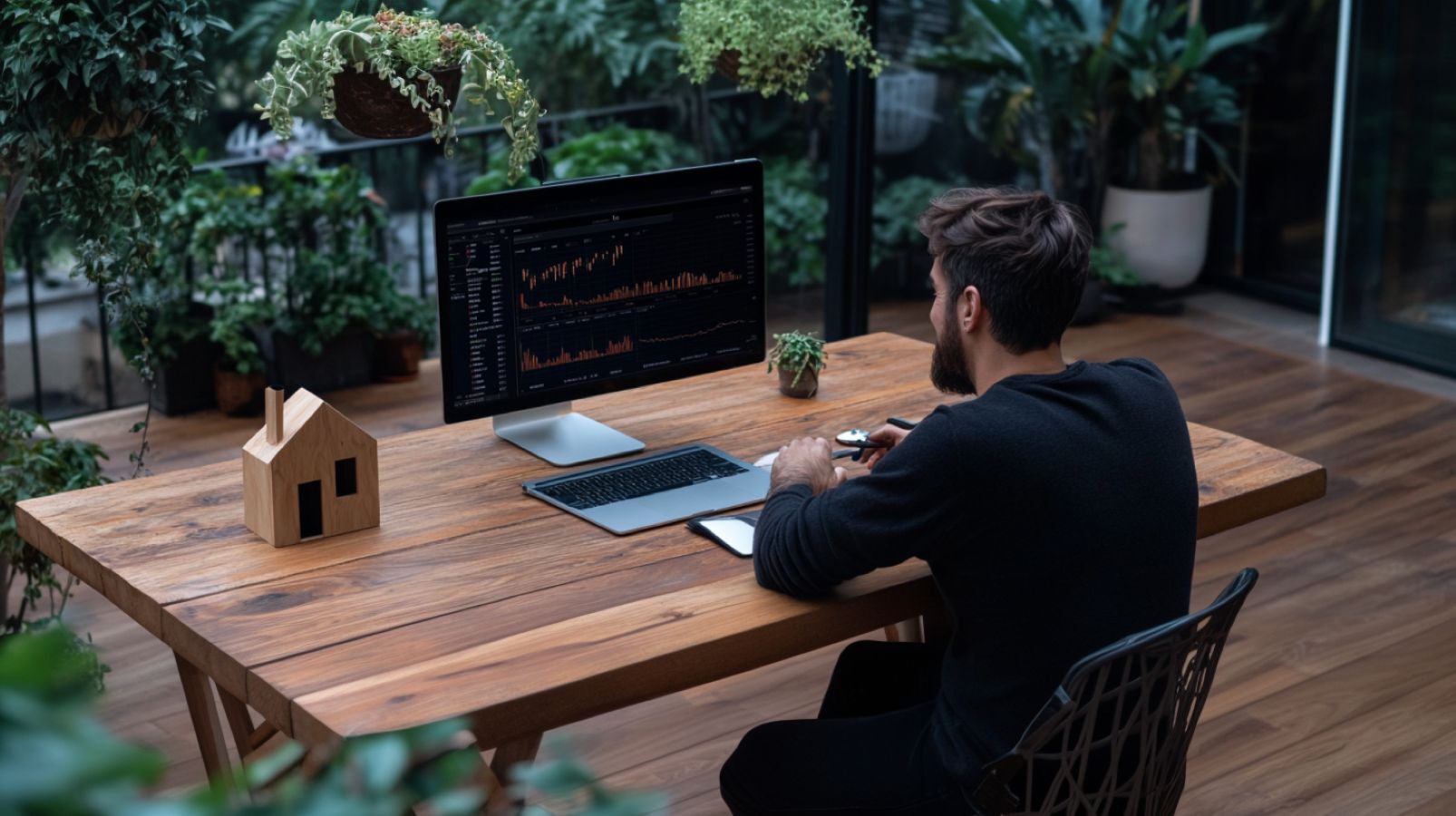 A man with a beard works on a computer in a modern, plant-filled space, with a small wooden house model placed next to his screens, which display financial charts. The image represents a data-driven, strategic approach to real estate finance, highlighting the analysis involved in a sale-leaseback.